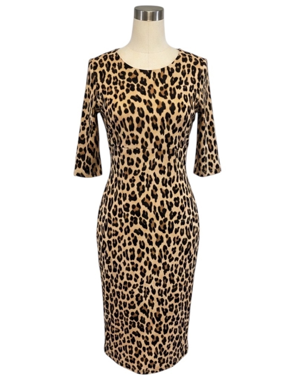 ALICE + OLIVIA TAN / BLACK DELORA FITTED LEOPARD PRINT DRESS